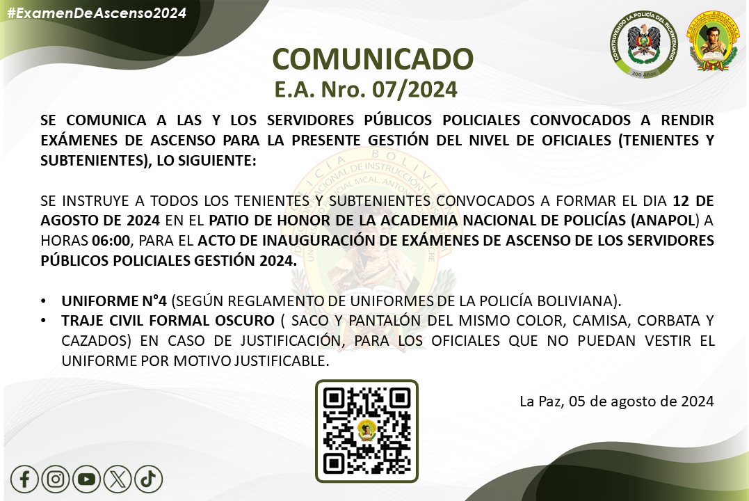 COMUNICADO E.A. NRO. 007/2024 “ACTO DE INAGURACION EXAMENES DE ASCENSO GESTION 2024”