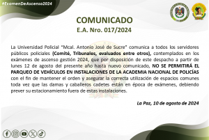 COMUNICADO E.A NRO. 017/2024 “PROHIBICIÓN DE PARQUEO EN LA ACADEMIA NACIONAL DE POLICÍAS”